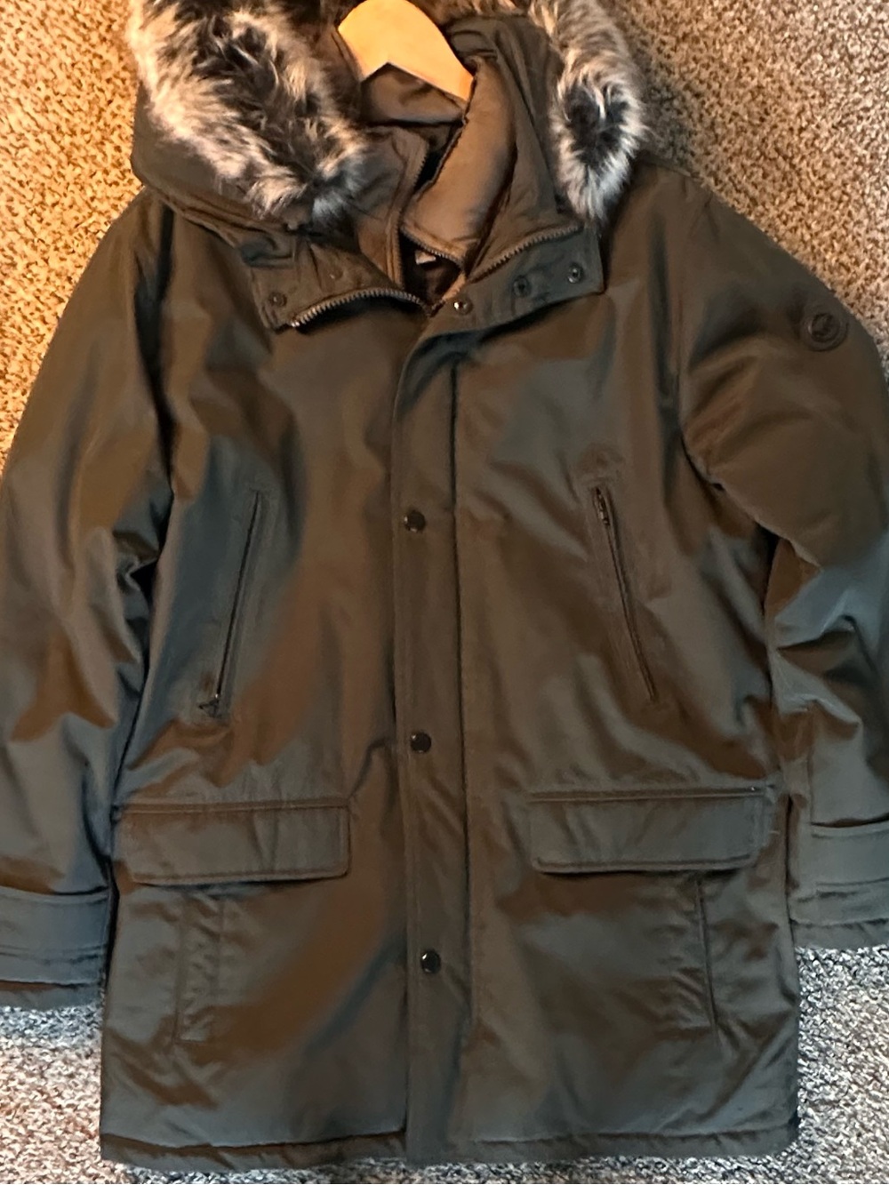 Men's Olive Green Parka Jacket with Faux Fur Hood